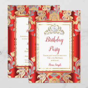 RED Gold Damask Grey Tiara Birthday Party Invitation