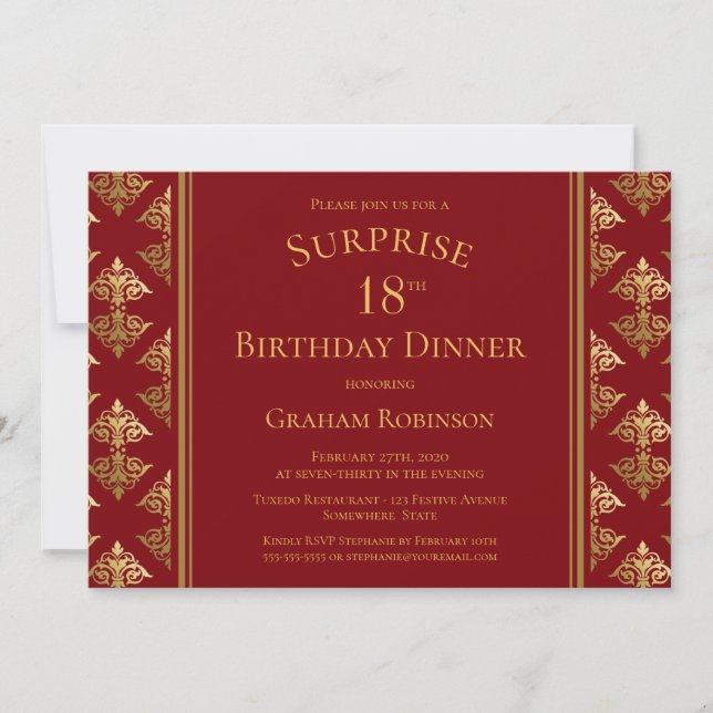 Red Gold Damask Surprise 18th Birthday Dinner Invitation (Front)