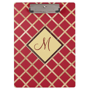 Red Gold Diamond Geometric Pattern Monogram Clipboard