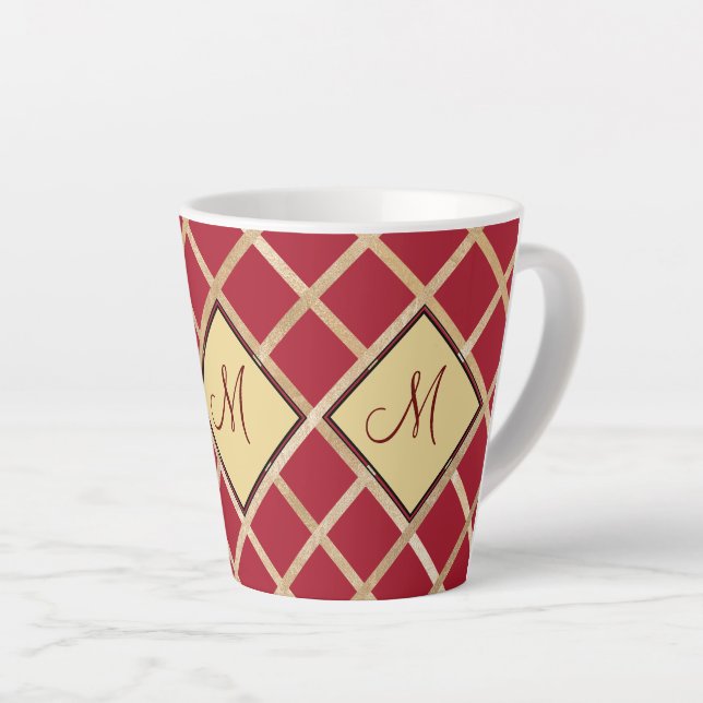 Red Gold Diamond Geometric Pattern Monogram Latte Mug (Right Angle)