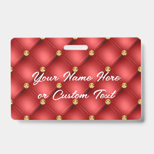 Red Gold Diamond Tufted Custom Text Name Badge
