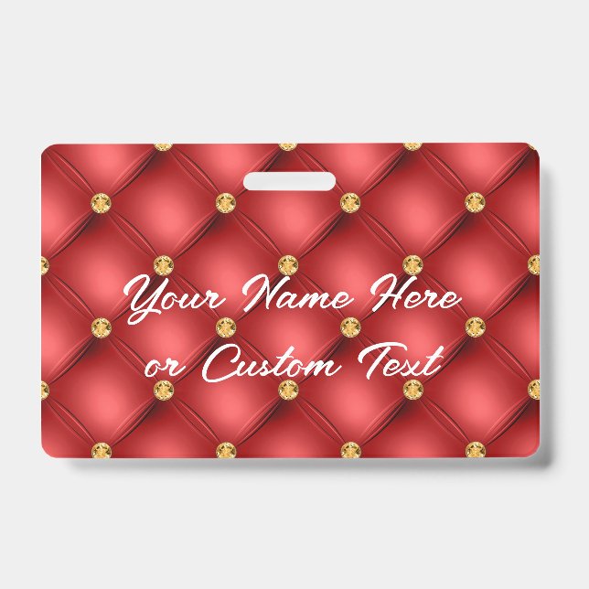 Red Gold Diamond Tufted Custom Text Name Badge (Front)