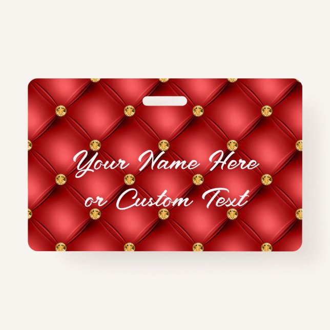 Red Gold Diamond Tufted Custom Text Name Badge (Front)