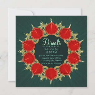Red & Gold Diyas Mandala Diwali on Teal Invitation