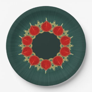 Red & Gold Diyas Mandala Diwali on Teal Paper Plate