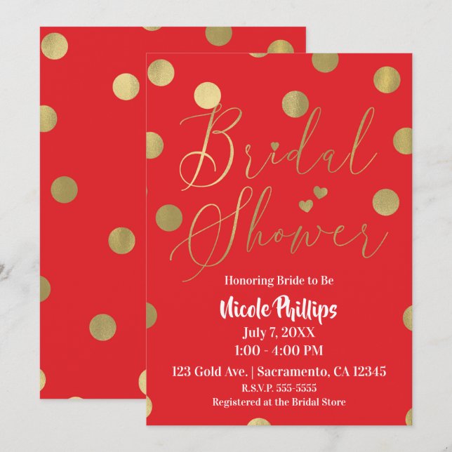 Red & Gold Dots Modern Glam Bridal Shower Invitation (Front/Back)