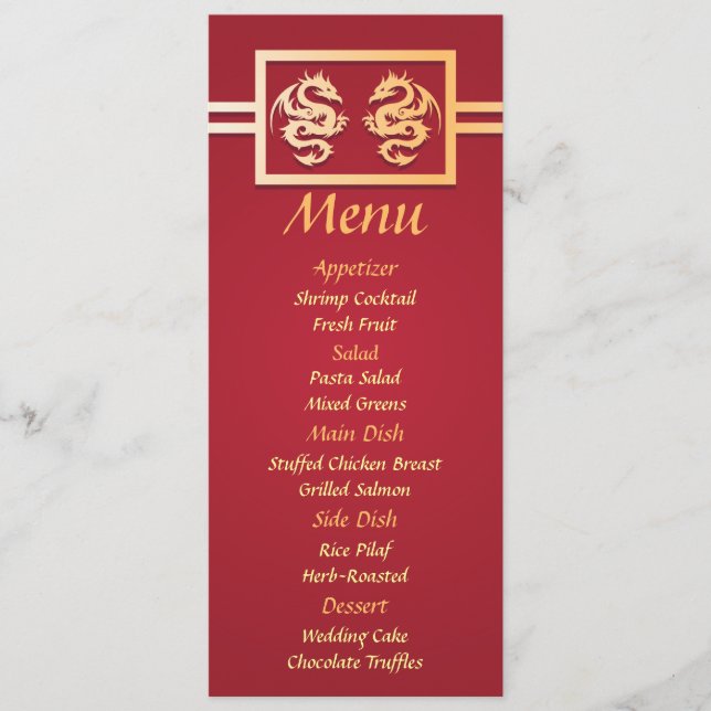 Red & Gold Dragon Wedding Réception Dîner Menu (Devant)
