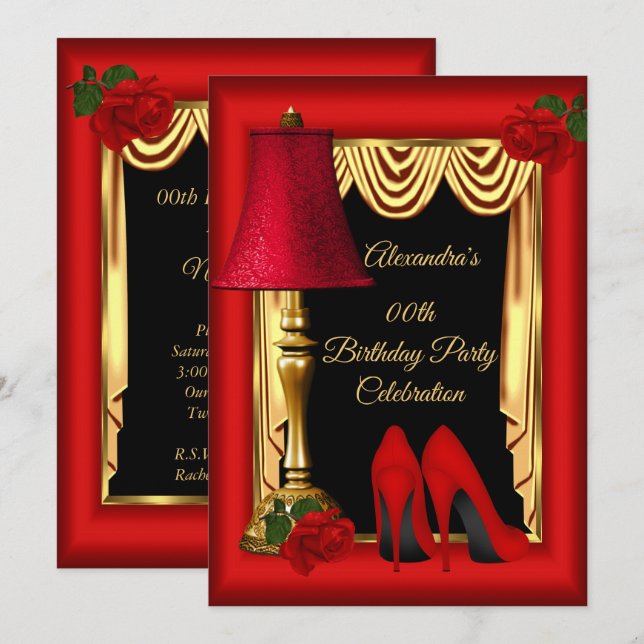 Red Gold Drapes High Heels Roses Birthday Party Invitation (Front/Back)