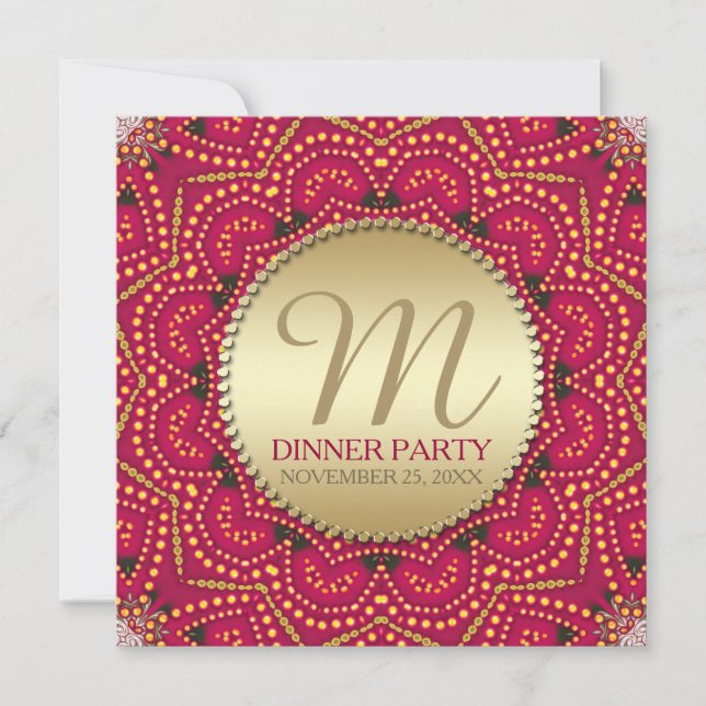 Red+Gold Eastern Bohemian Indian Dinner Party Invitation (Front)