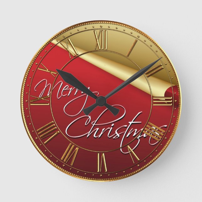Red & Gold Elegant Christmas Round Clock (Front)