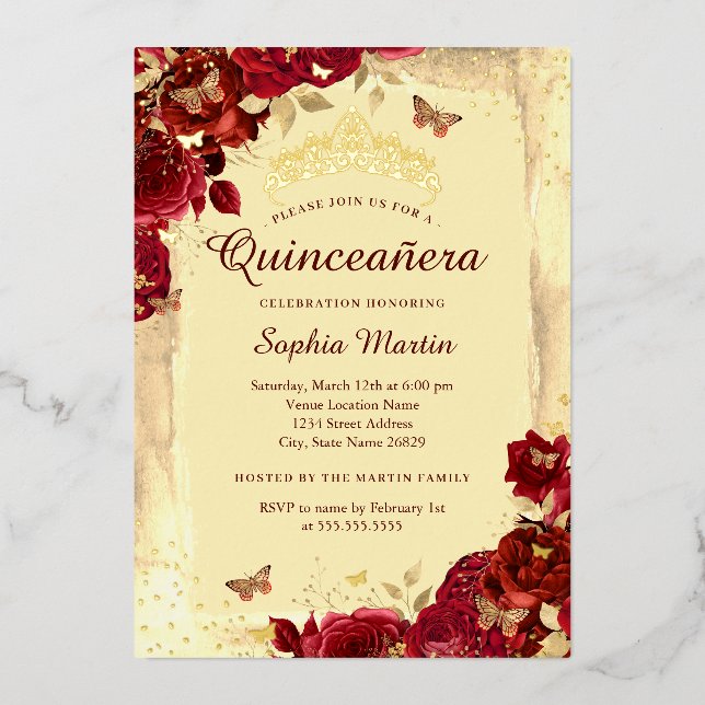 Red Gold Elegant Floral Butterfly Quinceanera (Front)