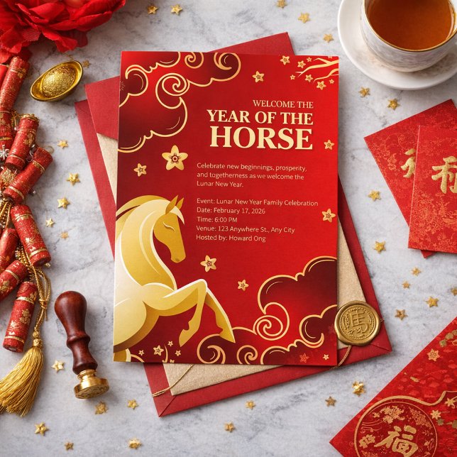 Red Gold Elegant Lunar New Year Horse Invitation (Creator Uploaded)
