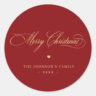 Red & Gold Elegant Script Merry Christmas Custom Classic Round Sticker