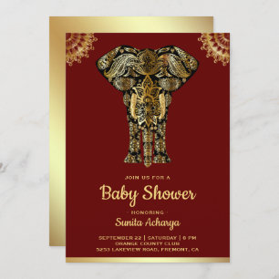 Red Gold Elephant Indian Baby Shower Invitation