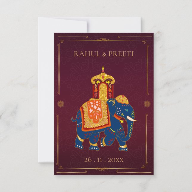 Red Gold Elephant Vibrant Indian Wedding RSVP Card (Back)