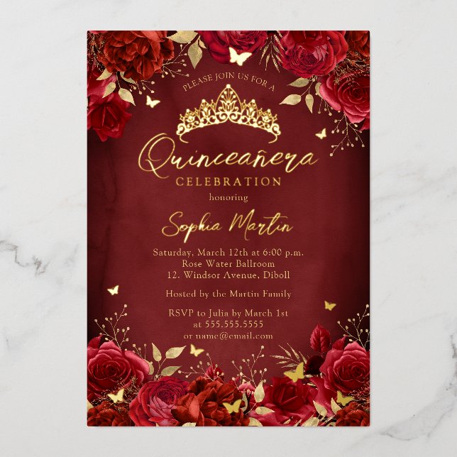 Red Gold Enchanting Floral Butterfly Quinceanera (Front)