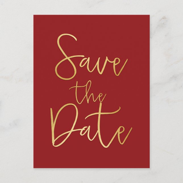 Red & Gold ENREGISTRER LA DATE Modern Script Carte (Devant)