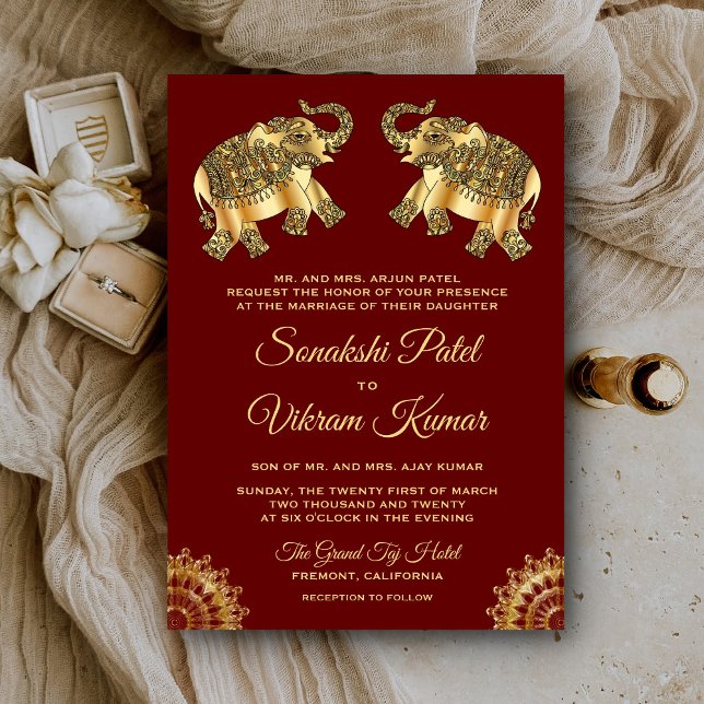 Red Gold Ethnic Elephants Indian Wedding Invitation (Creator Uploaded)