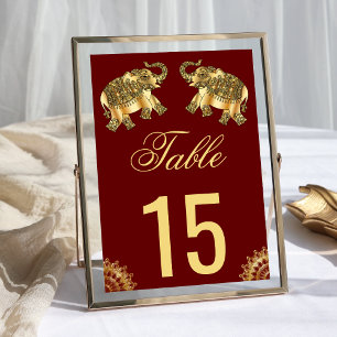 Red Gold Ethnic Elephants Indian Wedding Table Number