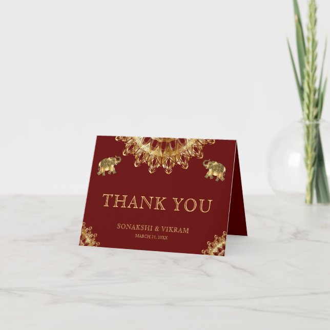 Red Gold Ethnic Elephants Indian Wedding Thank You Card (Front)