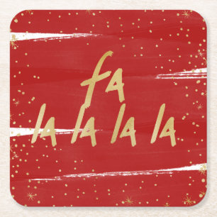 Red & Gold Fa La La La La Snowy Christmas Holiday Square Paper Coaster