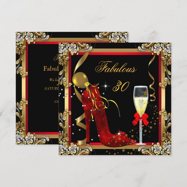 Red Gold Fabulous 30 Birthday Party Invitation (Front/Back)