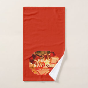 Red Gold Family Elegant Feliz Navidad Christmas Hand Towel
