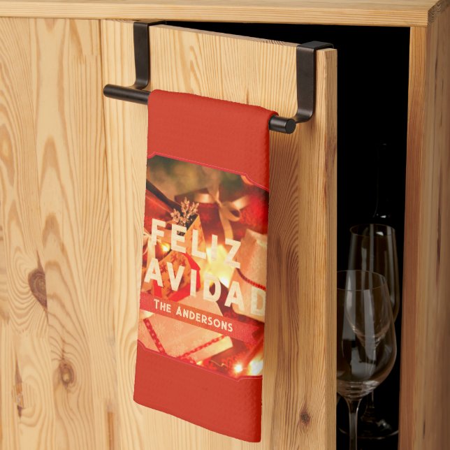 Red Gold Family Name Elegant Spanish Christmas Kitchen Towel (Thirds Fold)