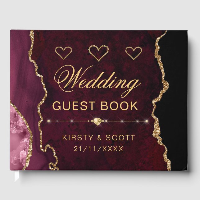 Red & Gold Faux Glitter Agate Wedding Guest Book (Front)