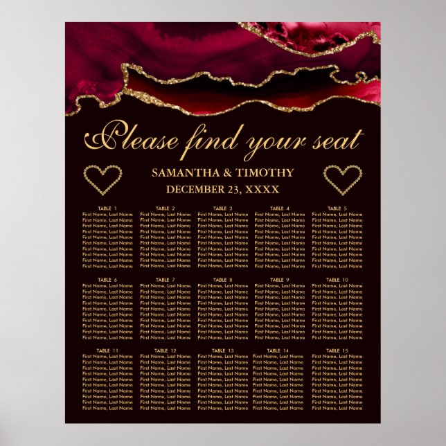 Red Gold Faux Glitter Agate Wedding Seating Chart (Front)