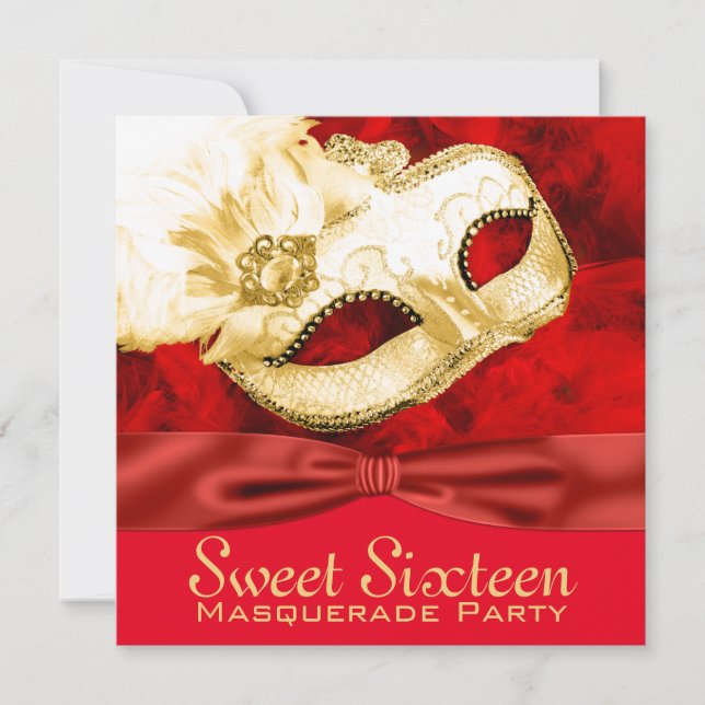 Red Gold Feather Masquerade Party Invitation (Front)
