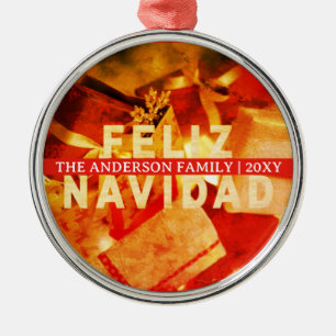 Red Gold Feliz Navidad Modern Elegant Christmas Metal Ornament