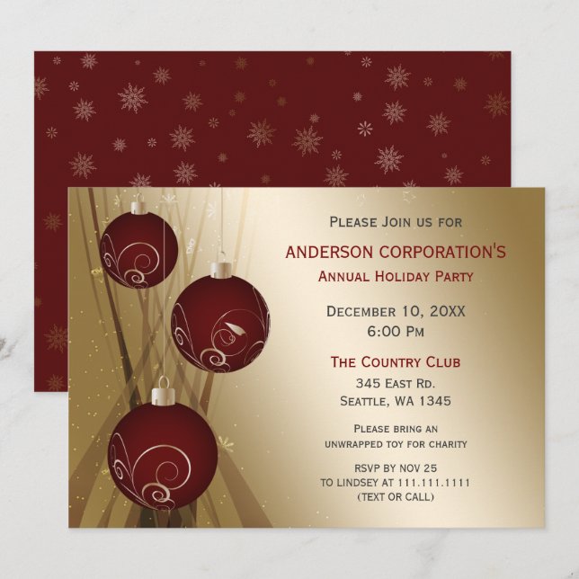 Red Gold Festive Corporate holiday party Invitation (Front/Back)