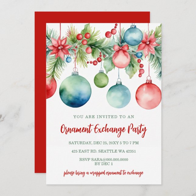 Red Gold Festive Ornament Exchange Christmas Party Invitation (Front/Back)