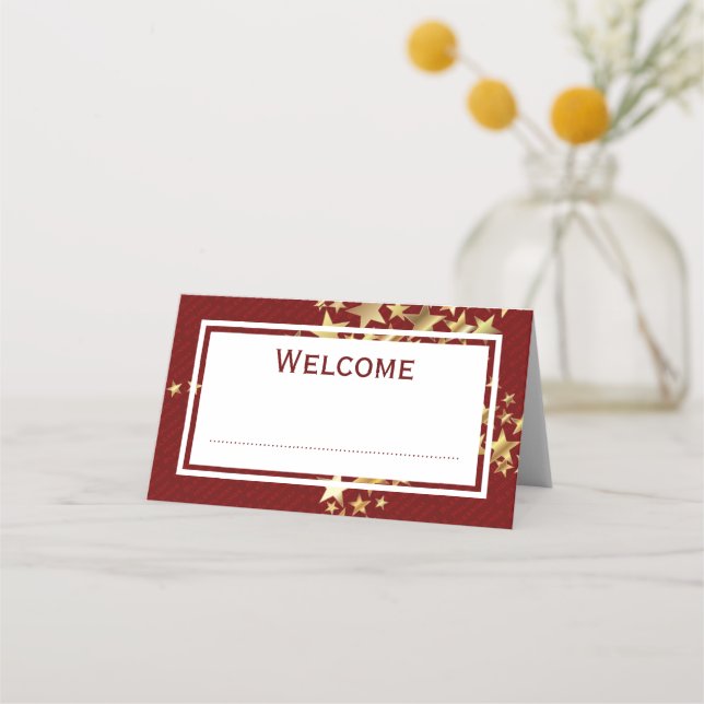 Red Gold FESTIVE STARS Customizable Place Card (Front)
