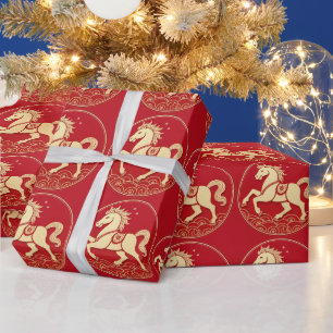Red Gold Fire Horse Chinese New Year  Wrapping Paper