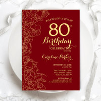 Red Gold Floral 80th Birthday Party