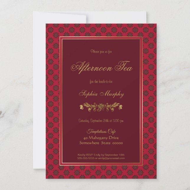 Red Gold Floral Afternoon Tea Bridal Shower Invitation (Front)