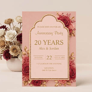 Red & Gold Floral Anniversary Party Invitation
