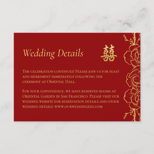 Red gold floral border chinese wedding details enclosure card (Front)