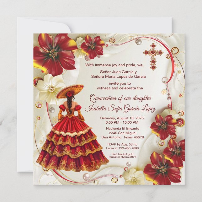 Red Gold Floral Charra Quinceanera  Invitation (Front)