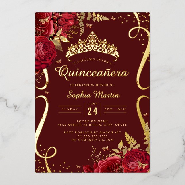 Red Gold Floral Elegant Scroll Quinceanera  (Front)