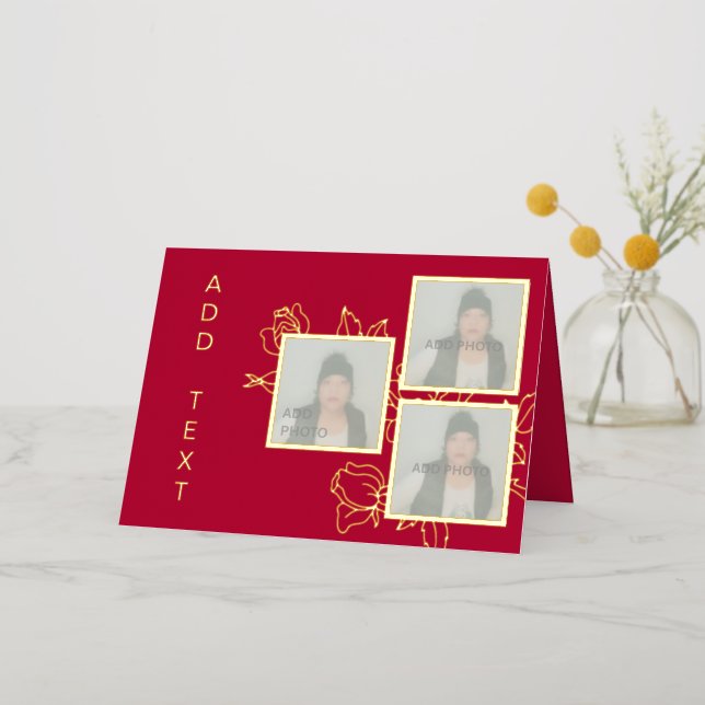 Red Gold Floral Foil Custom Photo Card (Gold Flower)