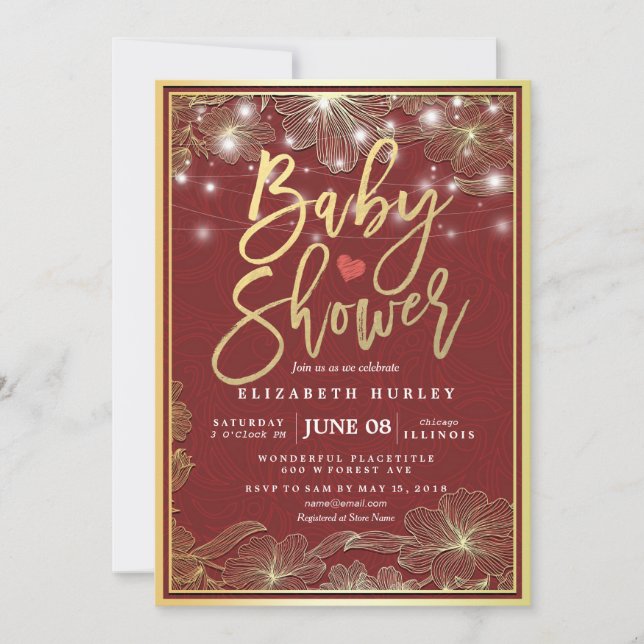 Red & Gold Floral Frame String Lights Baby Shower Invitation (Front)