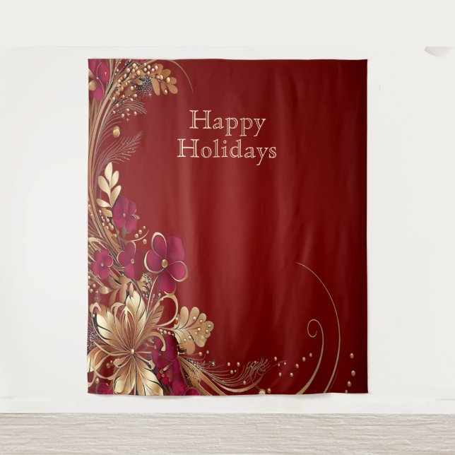 Red Gold Floral Holiday Backdrop Tapestry (Front)