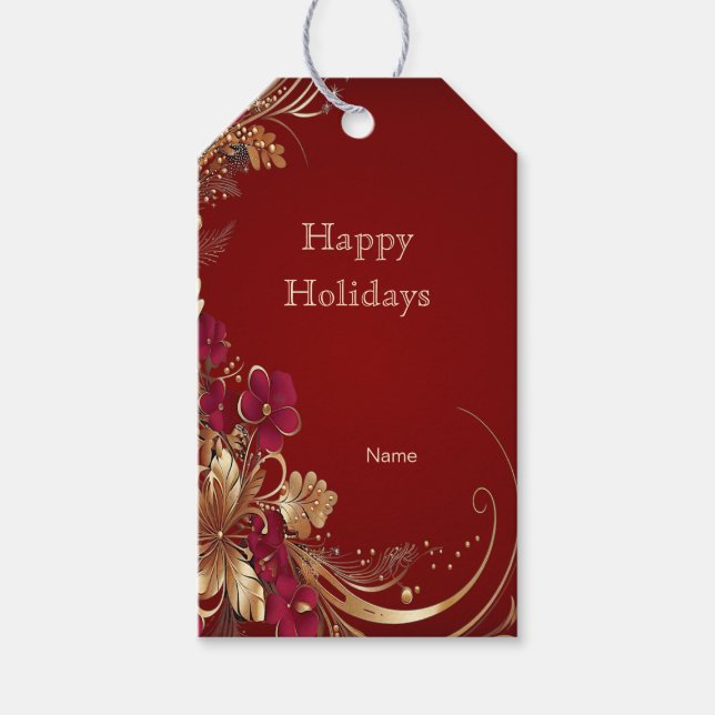 Red Gold Floral Holiday Gift Tag (Front)