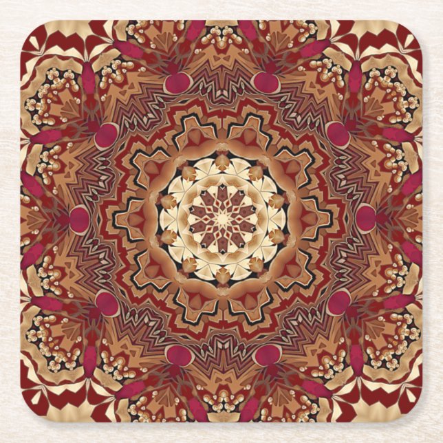 Red Gold Floral Holiday Paper Coaster (Front)