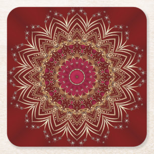 Red Gold Floral Holiday Paper Coaster