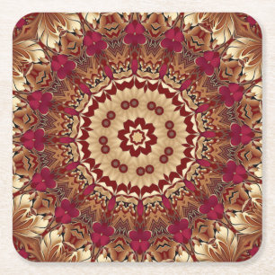 Red Gold Floral Holiday Paper Coaster