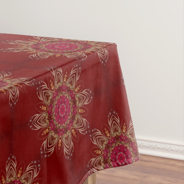 Red Gold Floral Holiday Tablecloth (In Situ)